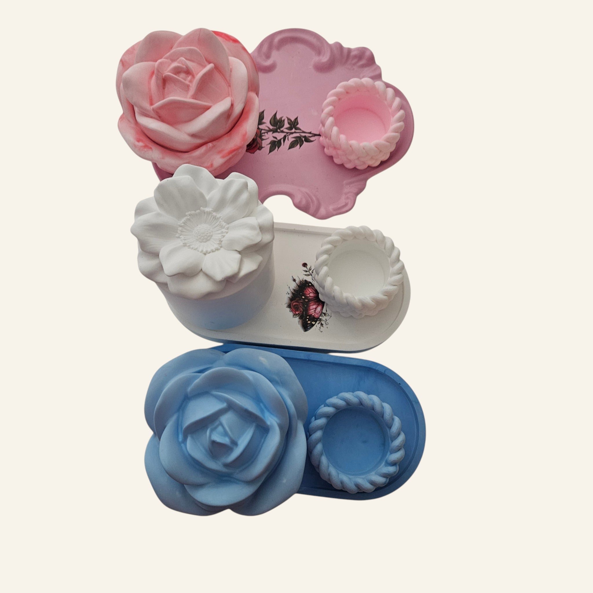 Rose Shaped Storage Jar Candle Vessel Tray Set
