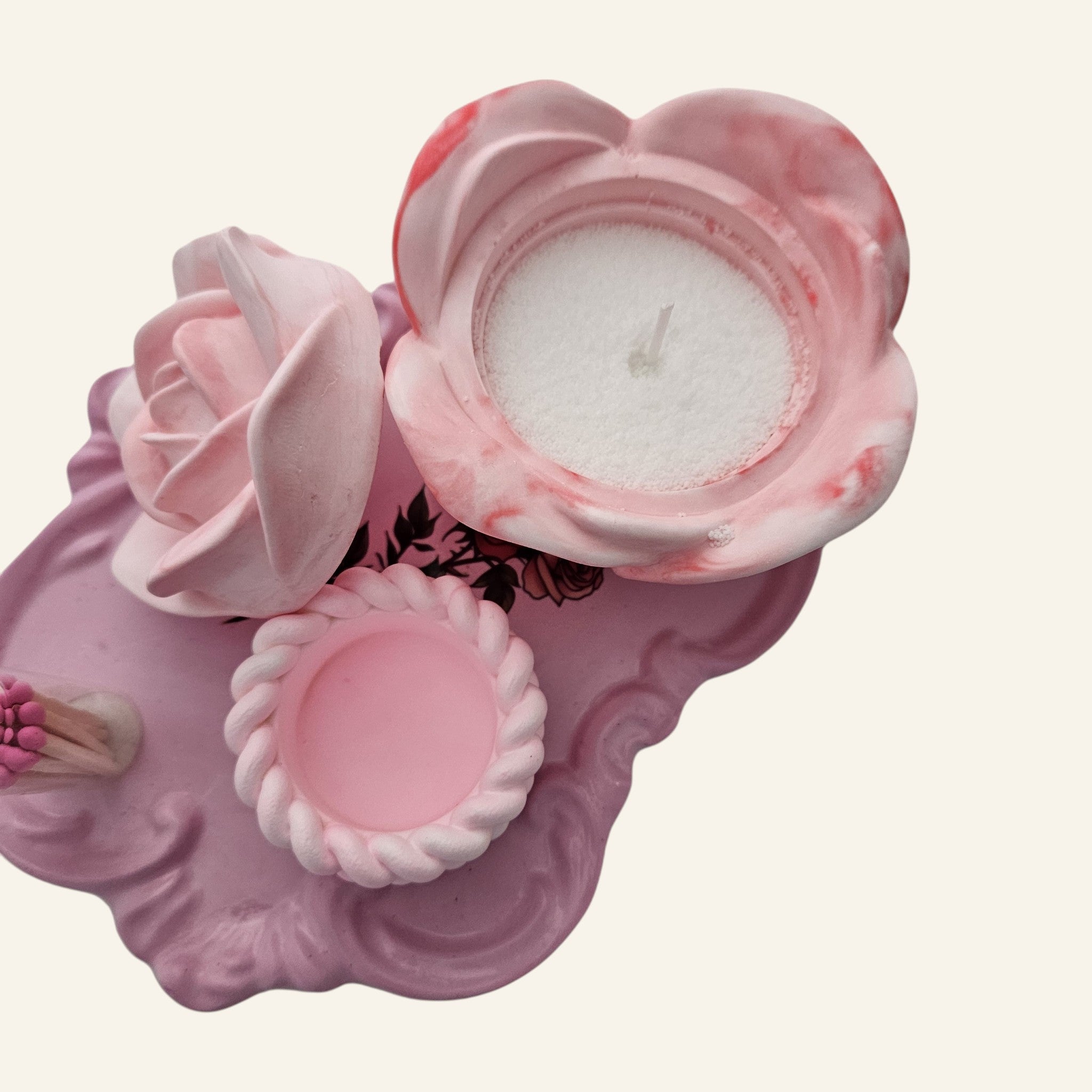 Rose Shaped Storage Jar Candle Vessel Tray Set