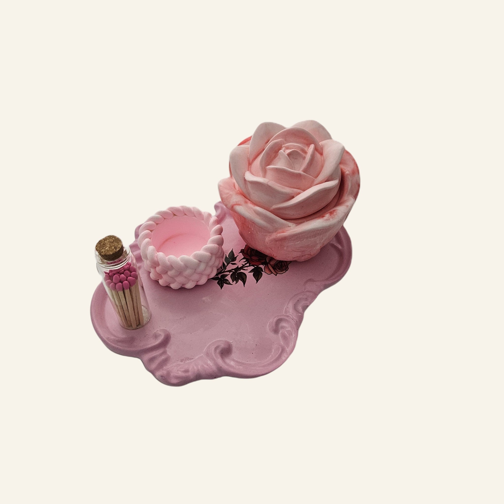 Rose Shaped Storage Jar Candle Vessel Tray Set