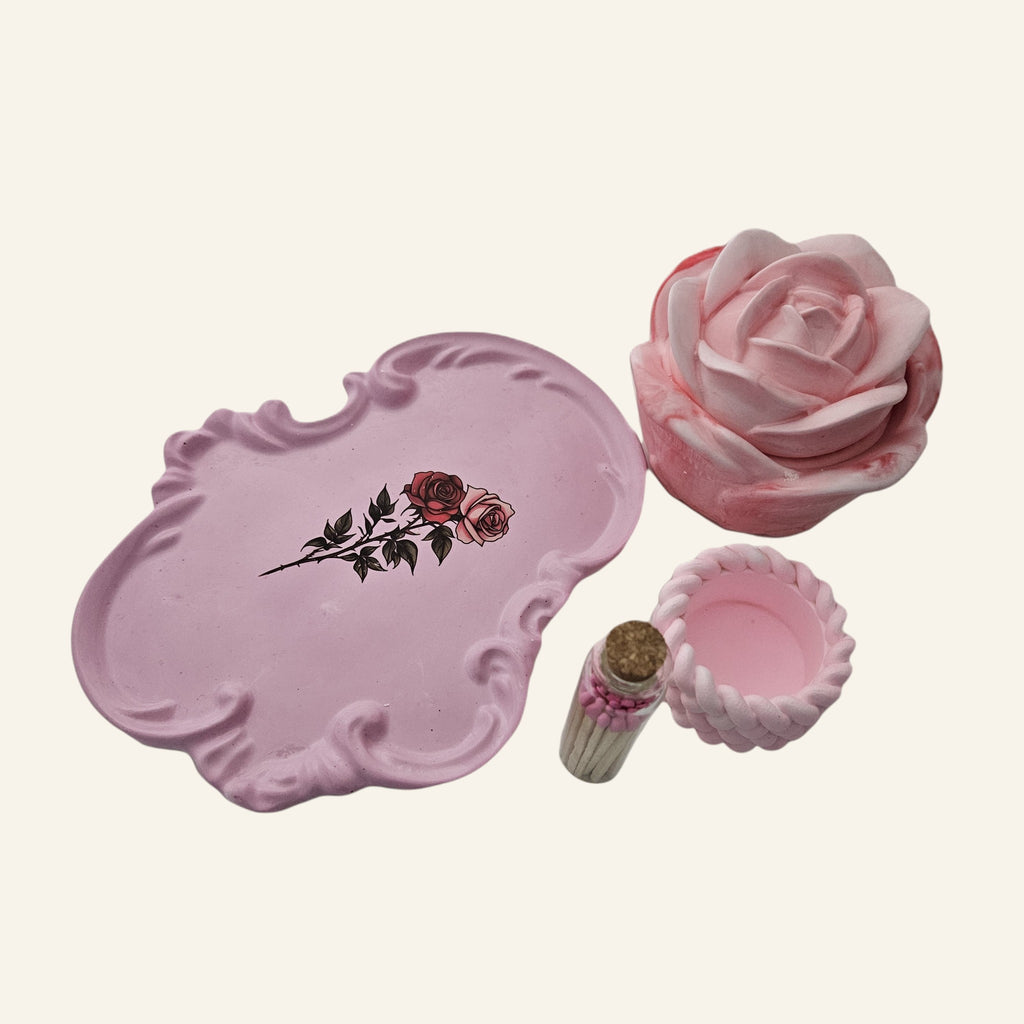 Rose Shaped Storage Jar Candle Vessel Tray Set