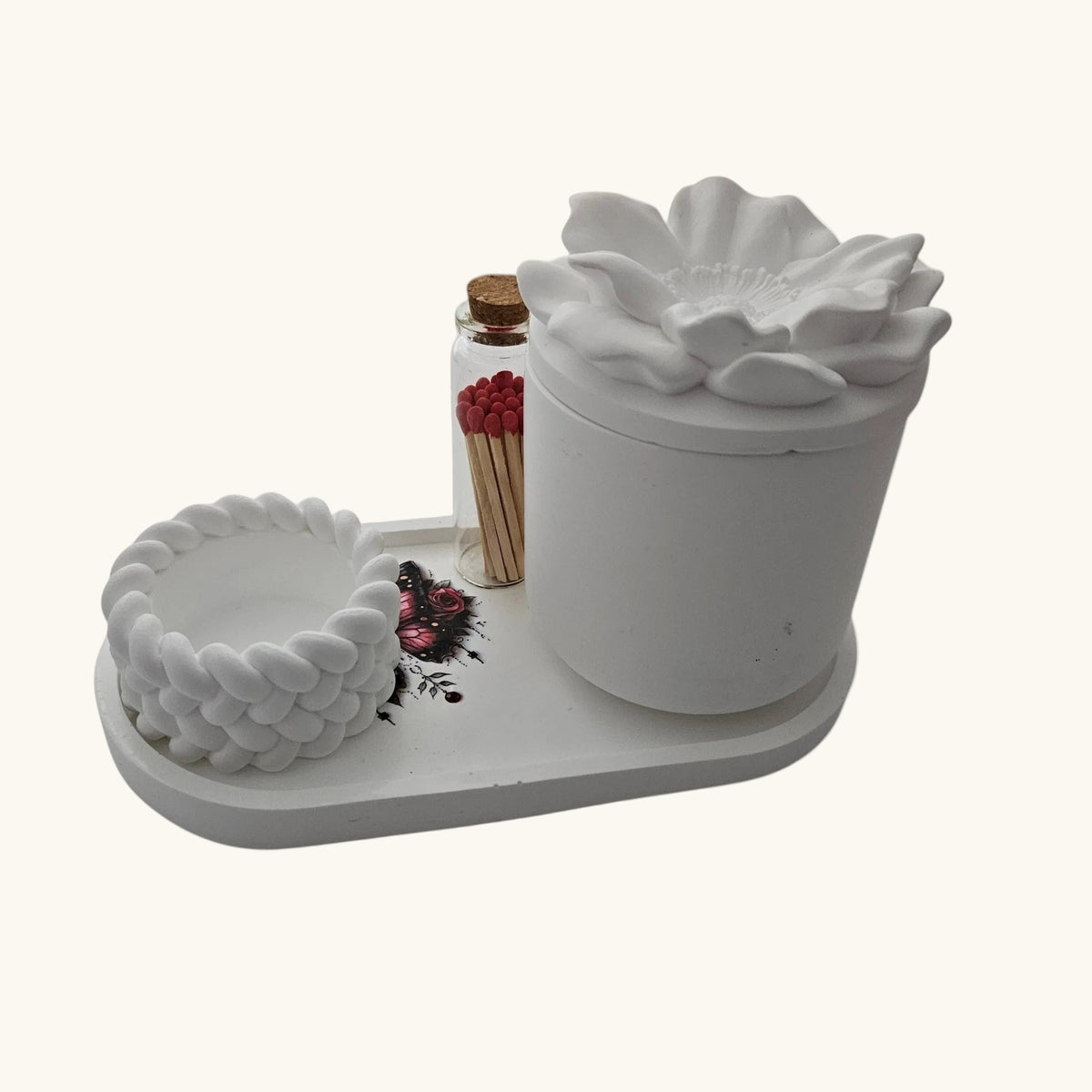 Rose Shaped Storage Jar Candle Vessel Tray Set