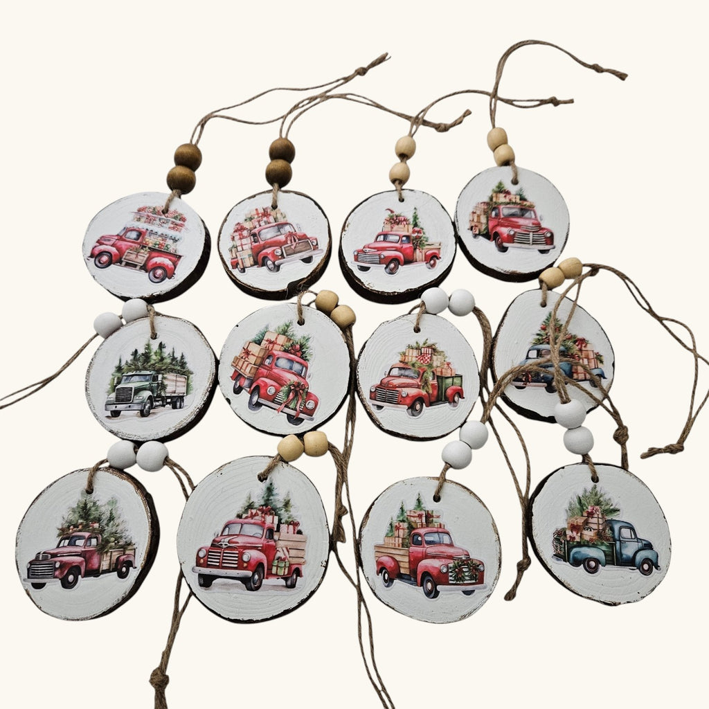 Handmade Wood Vintage Truck Christmas Ornaments Lot of 12