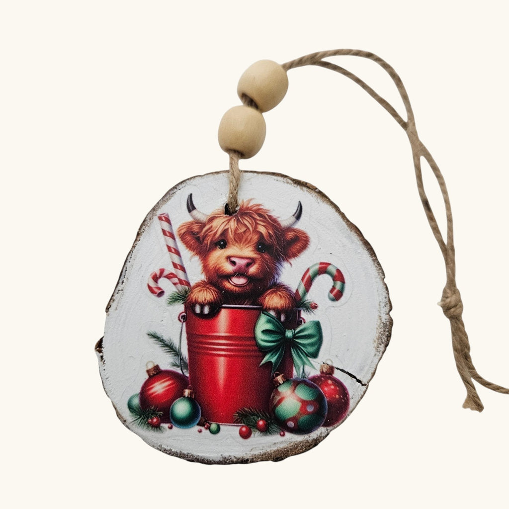 Handmade Wood Highland Cows Christmas Ornaments Lot of 12