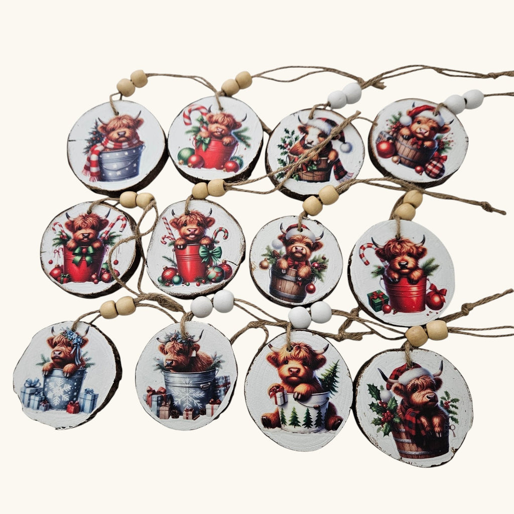 Handmade Wood Highland Cows Christmas Ornaments Lot of 12