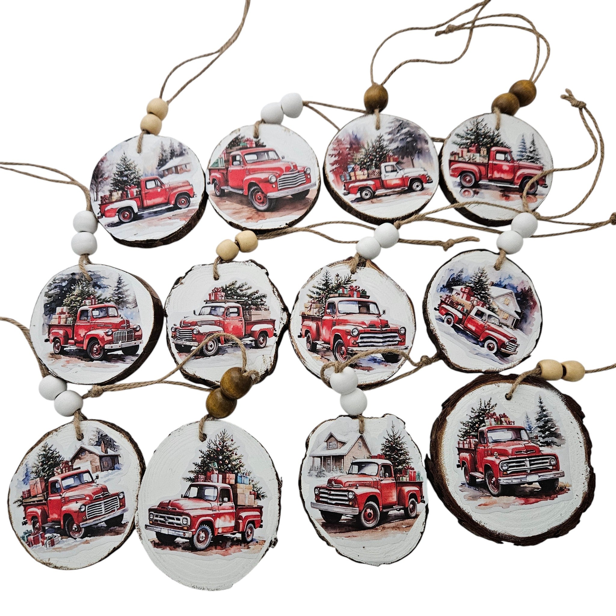 Handmade Wood Vintage Truck Christmas Ornaments Lot of 12