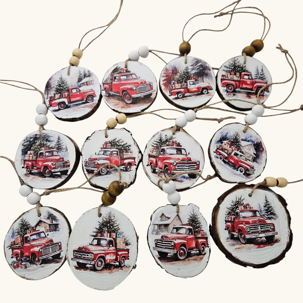 Handmade Wood Vintage Truck Christmas Ornaments Lot of 12