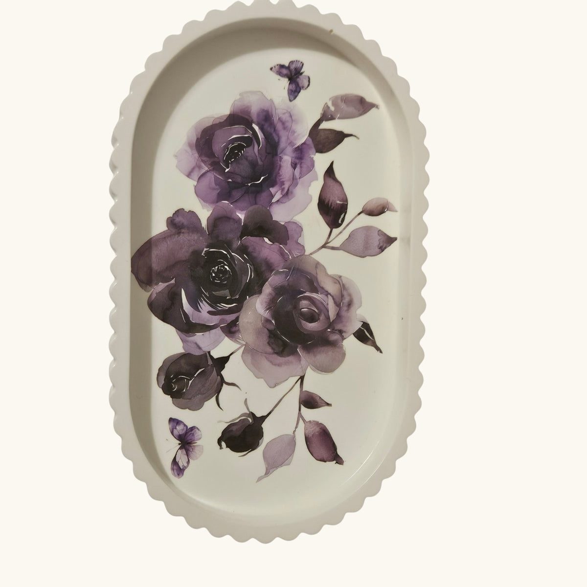 Handmade Eco Resin Purple Floral Tray – Elegant Lavender Rose Decorative Tray