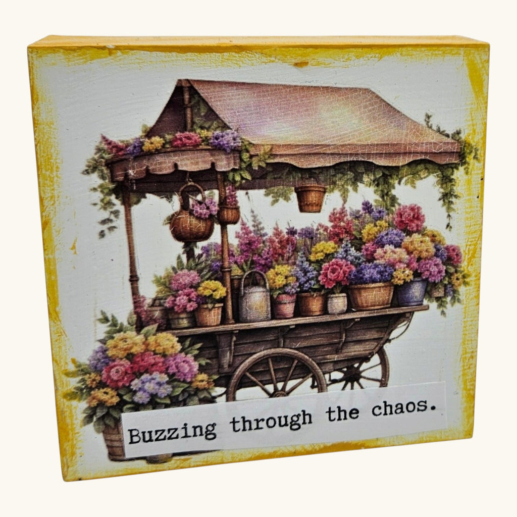Handmade Fall Desk Sitter – “Buzzing Through the Chaos” Floral Wagon Decor