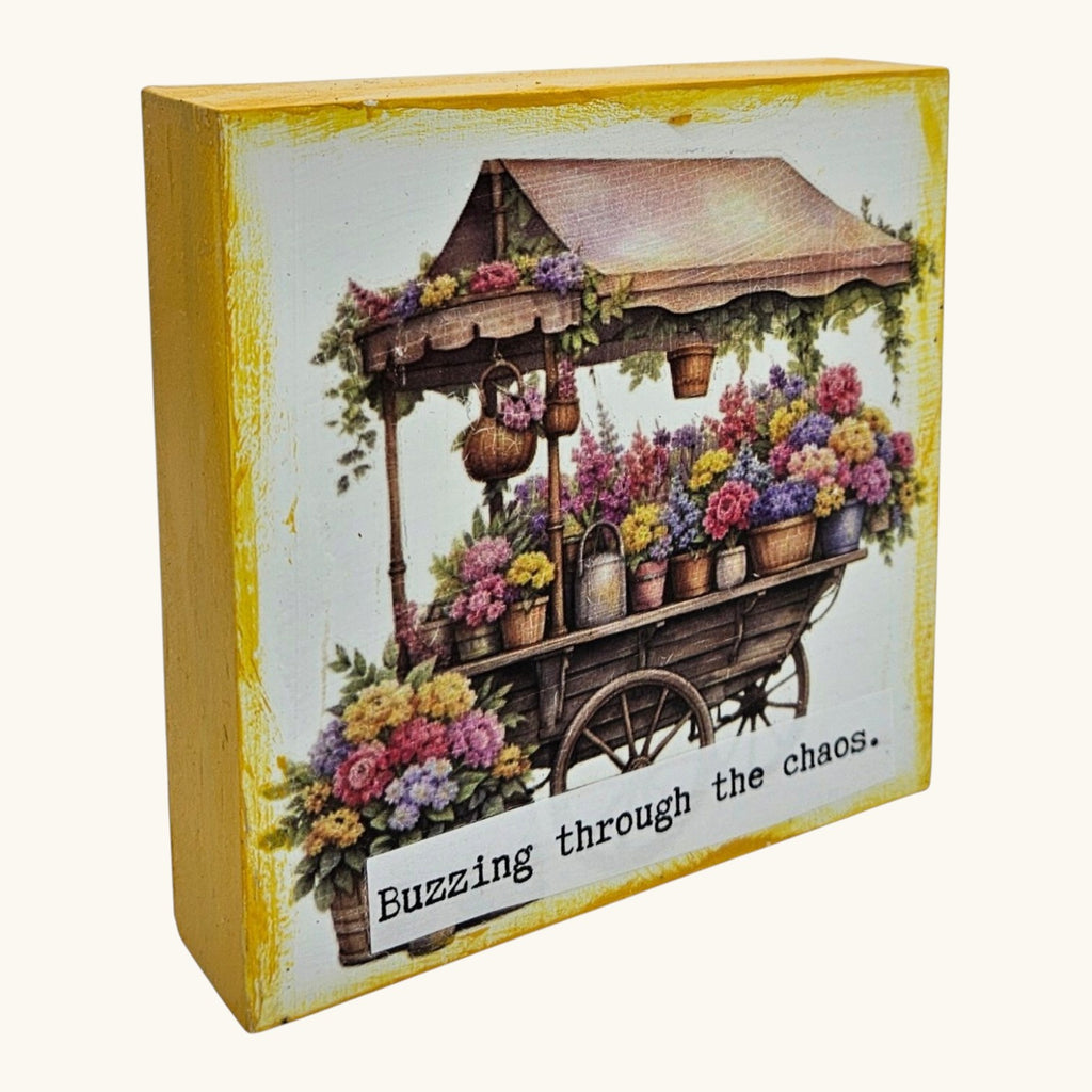 Handmade Fall Desk Sitter – “Buzzing Through the Chaos” Floral Wagon Decor