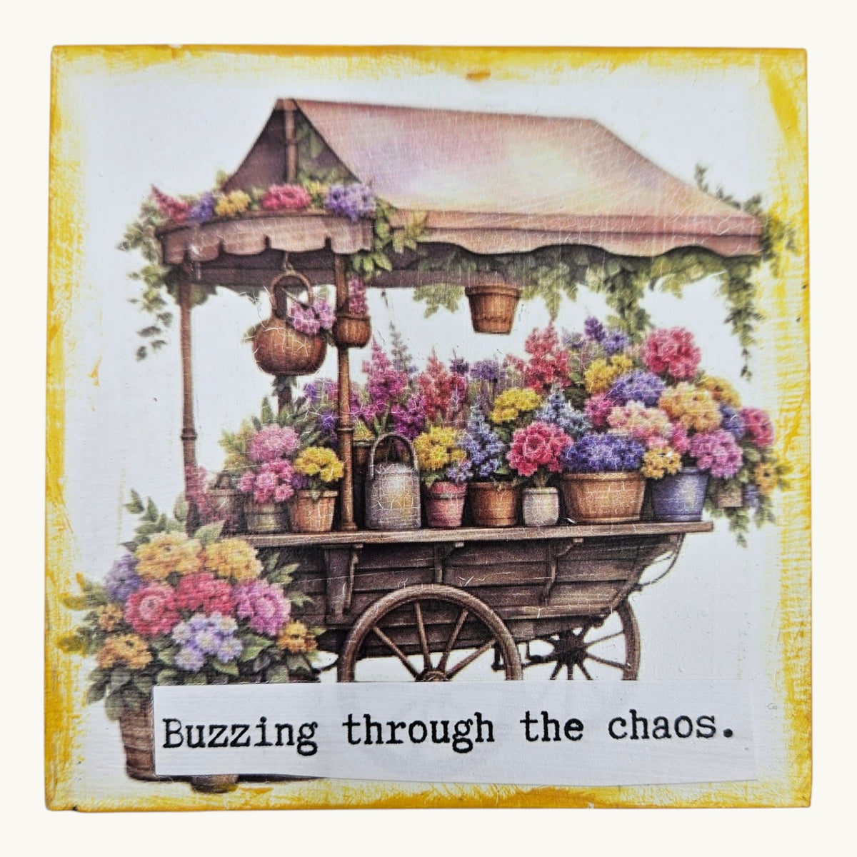 Handmade Fall Desk Sitter – “Buzzing Through the Chaos” Floral Wagon Decor
