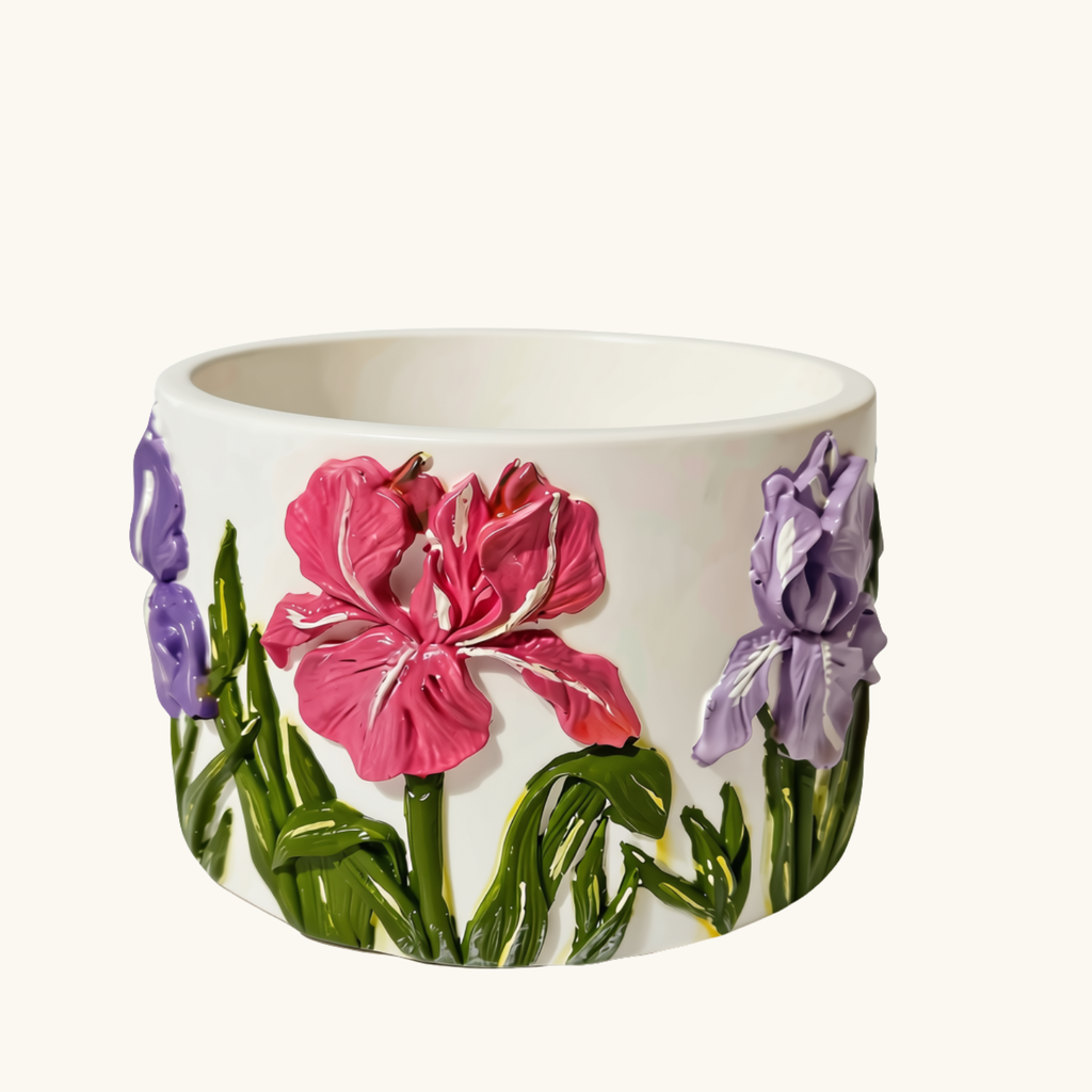 Hand Painted Floral Eco Resin Planter – Pink & Purple Flowers – Handmade Home Decor