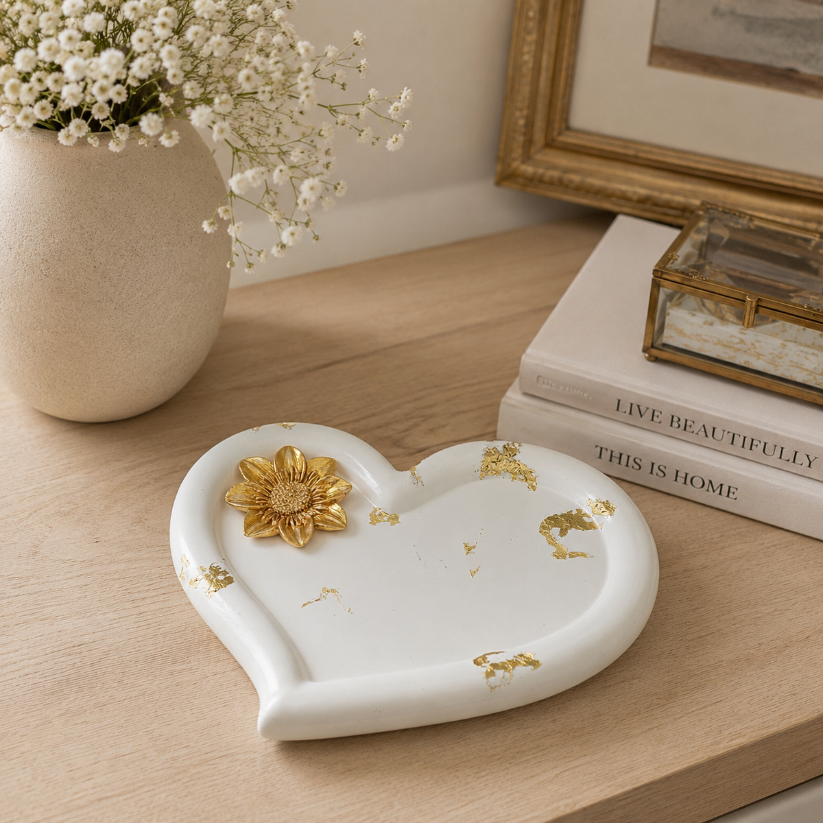 Heart-Shaped Trinket Dish with gold accents