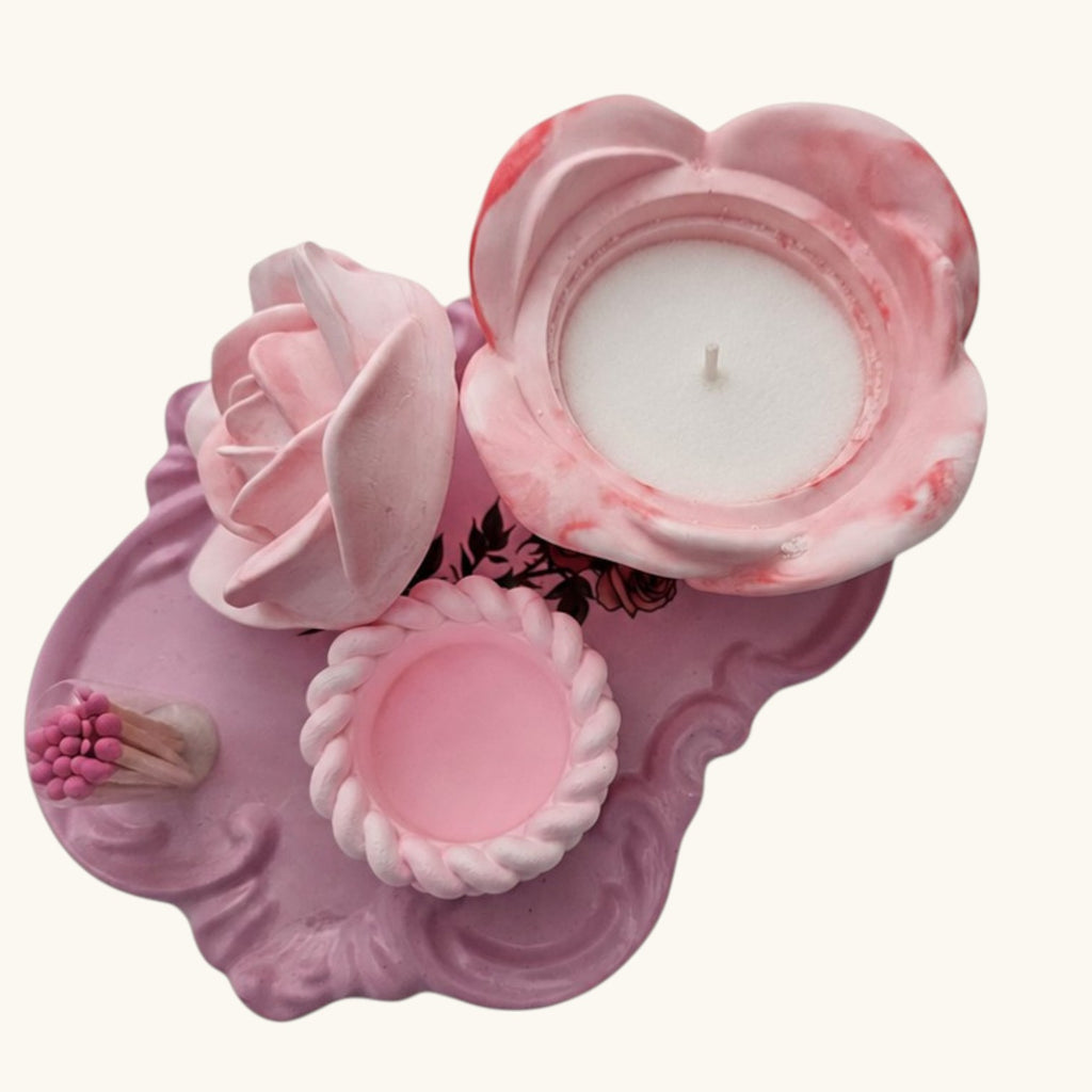 Rose Shaped Storage Jar Candle Vessel Tray Set