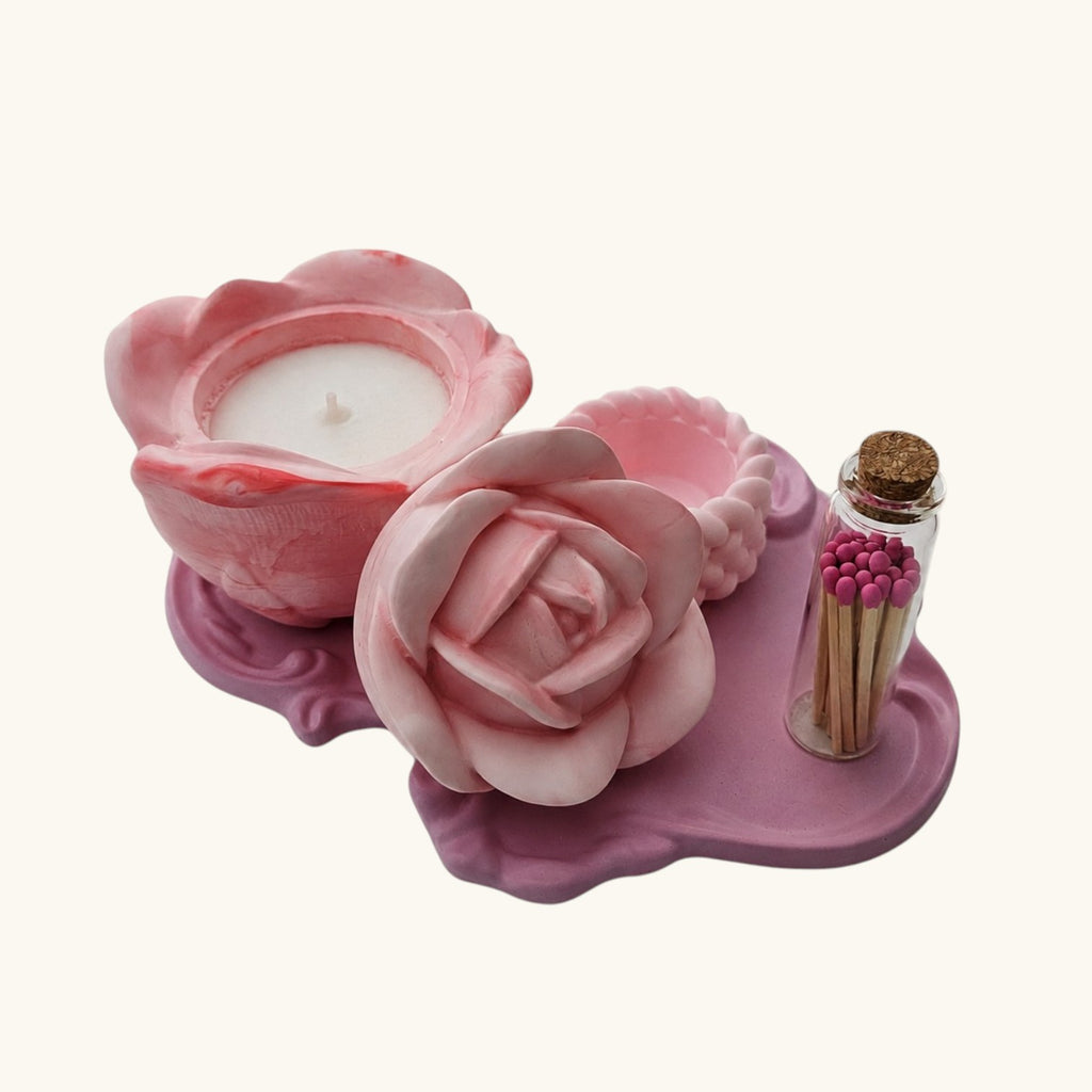 Rose Shaped Storage Jar Candle Vessel Tray Set