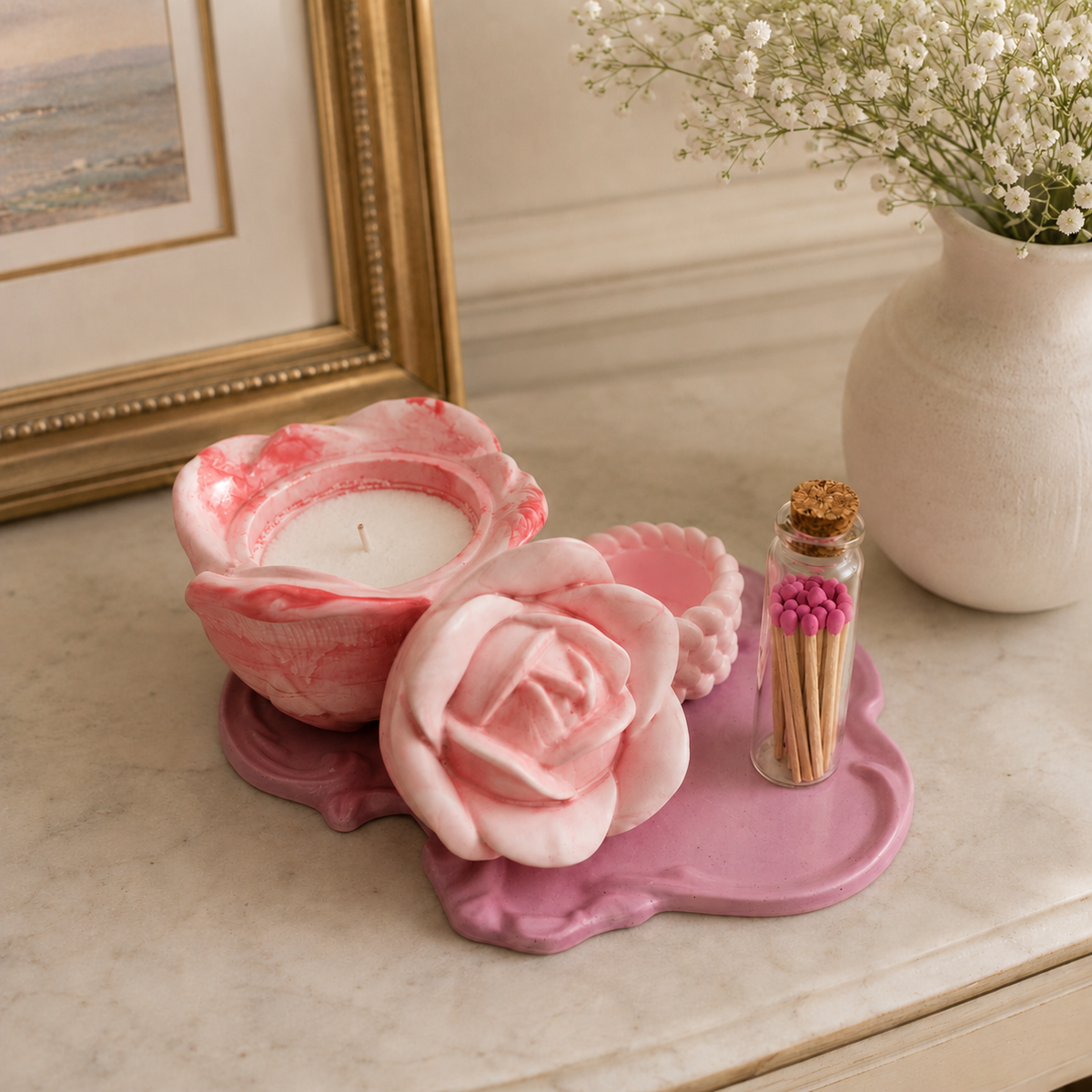 Rose Shaped Storage Jar Candle Vessel Tray Set