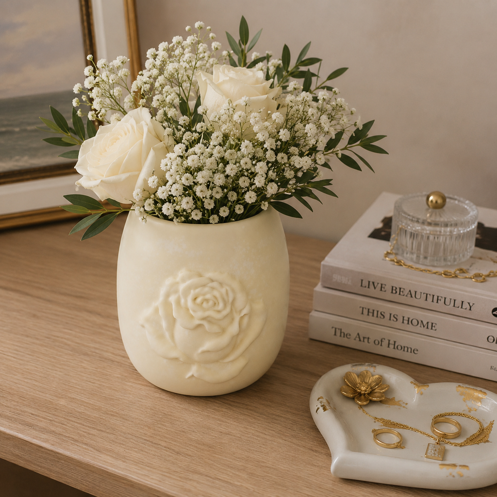 Sculpted Rose Embossed Ceramic Vase