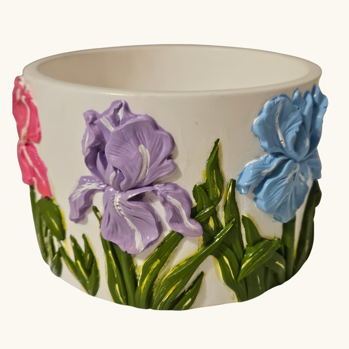 Hand Painted Floral Eco Resin Planter – Pink & Purple Flowers – Handmade Home Decor